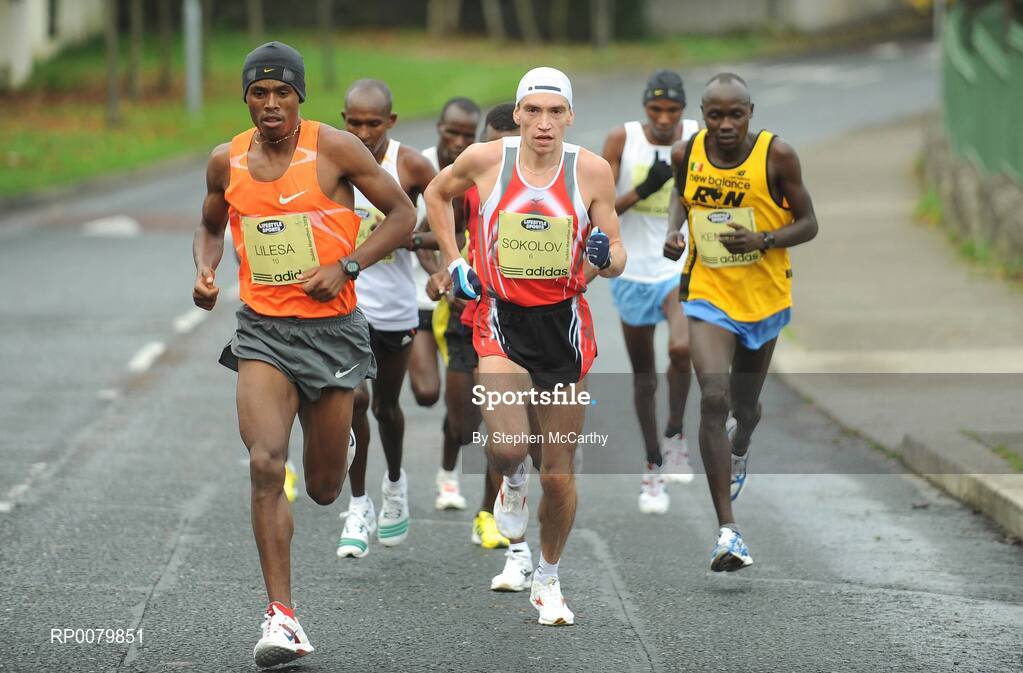 26 October 2009; Eventual winner Feyis Lilesa, Ethopia, left, leads the Lifestyle Sports - adidas Dublin Marathon 2009. Dublin. Picture credit: Stephen McCarthy / SPORTSFILE