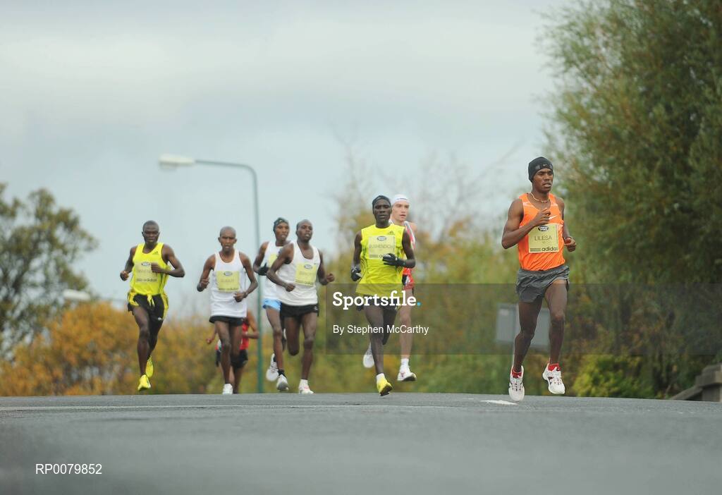 26 October 2009; Eventual winner Feyis Lilesa, Ethopia, left, leads the Lifestyle Sports - adidas Dublin Marathon 2009. Dublin. Picture credit: Stephen McCarthy / SPORTSFILE