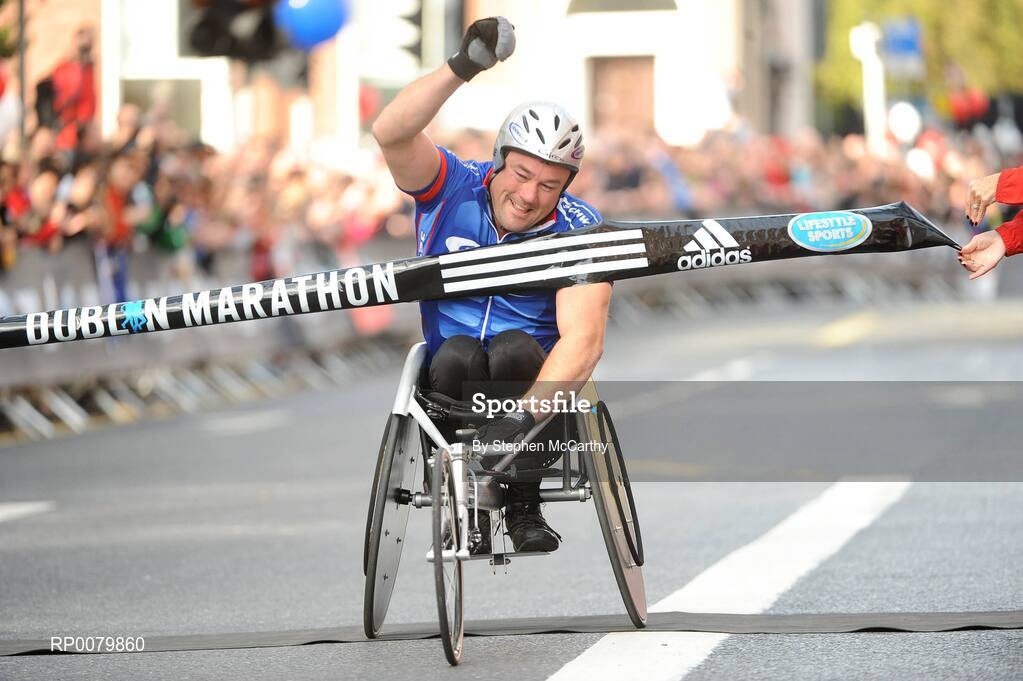 26 October 2009; Richie Powell, from Wales, celebrates winning the wheelchair race during the Lifestyle Sports - adidas Dublin Marathon 2009. Merrion Square, Dublin. Picture credit: Stephen McCarthy / SPORTSFILE