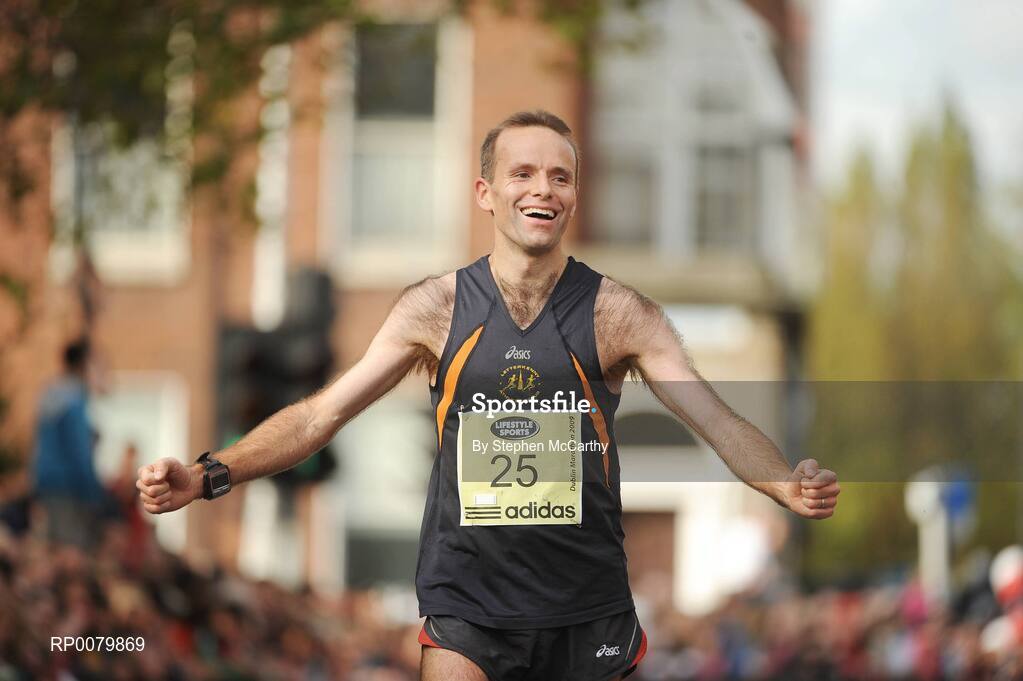26 October 2009; Pauric McKinney, Letterkenny A.C., celebrates his second place in the Irish National Marathon Championship during the Lifestyle Sports - adidas Dublin Marathon 2009. Merrion Square, Dublin. Picture credit: Stephen McCarthy / SPORTSFILE