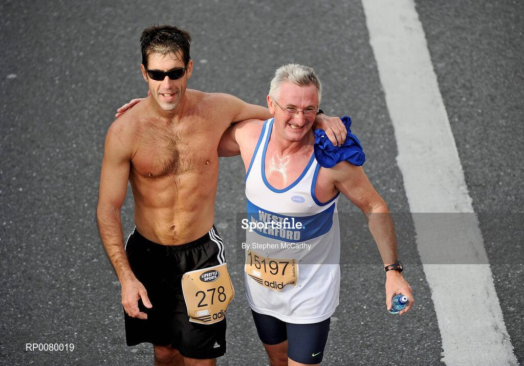 26 October 2009; John DiMeo, from Delaware, America, left, and Martin Hayes, from Waterford, after finishing the Lifestyle Sports - adidas Dublin Marathon 2009. Merrion Square, Dublin. Picture credit: Stephen McCarthy / SPORTSFILE