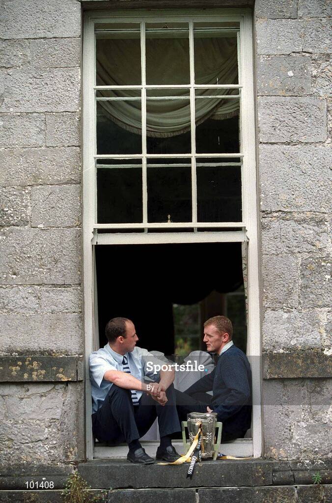 28 August 2002; Brian Lohan, Clare captain, (right) and Andy Comerford, Kilkenny captain, pictured with the Liam MacCarthy Cup, prior to their meeting in the All Ireland Hurling Final, The Palace Hotel, Cashel, Co. Tipperary. Picture credit; David Maher / SPORTSFILE