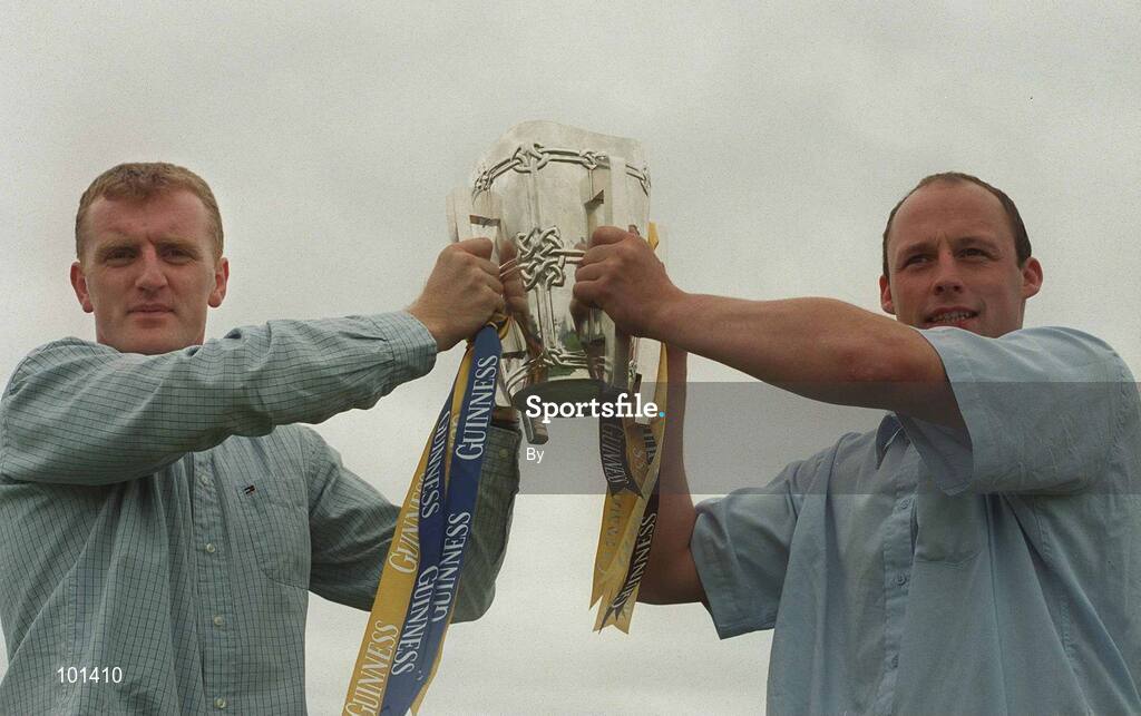 28 August 2002; Brian Lohan, Clare captain, (left) and Andy Comerford, Kilkenny captain, pictured with the Liam MacCarthy Cup, prior to their meeting in the All Ireland Hurling Final, The Palace Hotel, Cashel, Co. Tipperary. Picture credit; David Maher / SPORTSFILE