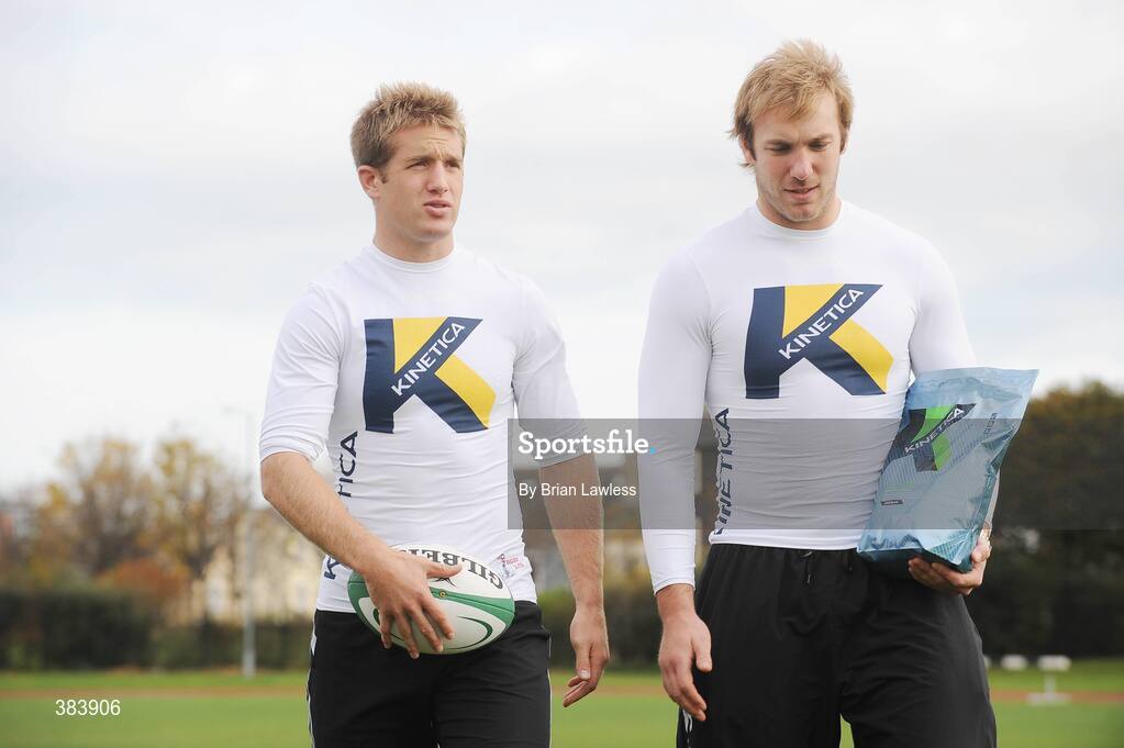 28 October 2009; Kinetica Sports Ltd. today launched a suite of revolutionary new sports nutritional  products aimed at maximising sports performance and physical conditioning of both amateur and professional athletes alike. At the launch are, Ulster rugby star Stephen Ferris with Leinster rugby star Luke Fitzgerald, left. Media Launch of Kinetica Sports Nutrition Range, Irishtown Stadium, Dublin. Picture credit: Brian Lawless / SPORTSFILE