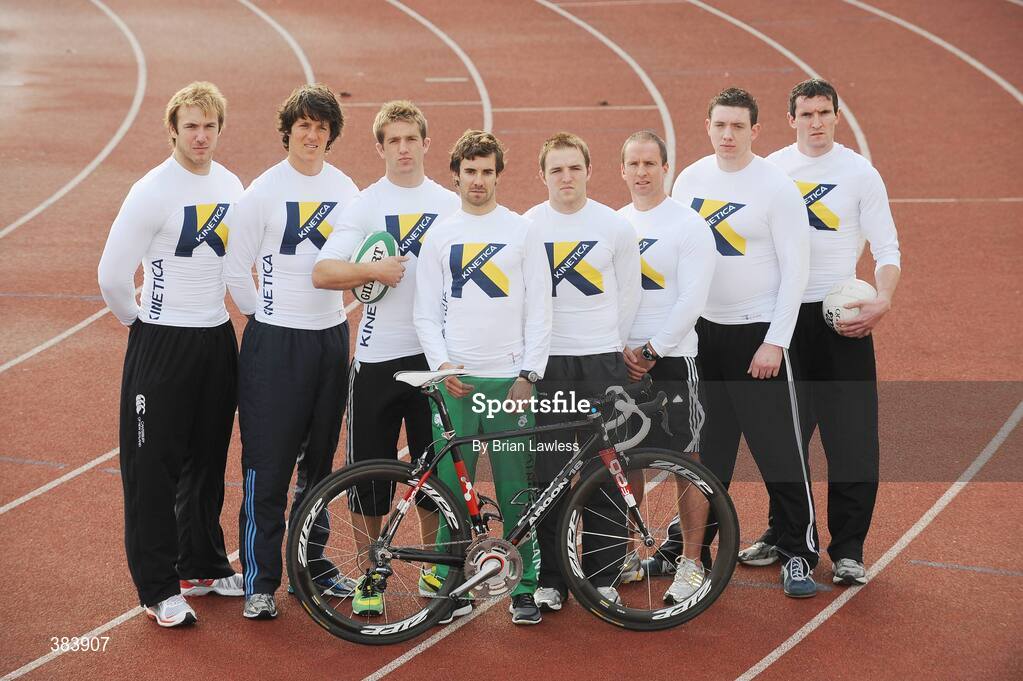 28 October 2009; Kinetica Sports Ltd. today launched a suite of revolutionary new sports nutritional  products aimed at maximising sports performance and physical conditioning of both amateur and professional athletes alike. At the launch are, from left, Ulster rugby star Stephen Ferris, Olympic Rower Cormac Folan, Leinster Rugby star Luke Fitzgerald, Irish Triathalon star Bryan Keane, Kerry footballer Darran O'Sullivan, Strength and Conditioning Coach Mike McGurn, Power Lifter Dave Foster, and Cork footballer Graham Canty. Media Launch of Kinetica Sports Nutrition Range, Irishtown Stadium, Dublin. Picture credit: Brian Lawless / SPORTSFILE