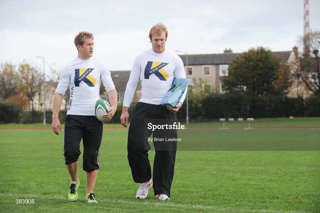 28 October 2009; Kinetica Sports Ltd. today launched a suite of revolutionary new sports nutritional  products aimed at maximising sports performance and physical conditioning of both amateur and professional athletes alike. At the launch are, Ulster rugby star Stephen Ferris with Leinster rugby star Luke Fitzgerald, left. Media Launch of Kinetica Sports Nutrition Range, Irishtown Stadium, Dublin. Picture credit: Brian Lawless / SPORTSFILE