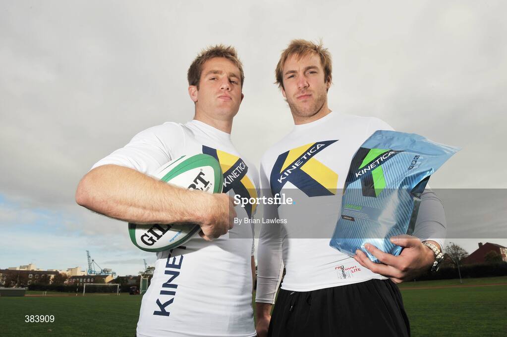 28 October 2009; Kinetica Sports Ltd. today launched a suite of revolutionary new sports nutritional  products aimed at maximising sports performance and physical conditioning of both amateur and professional athletes alike. At the launch are, Ulster rugby star Stephen Ferris with Leinster rugby star Luke Fitzgerald, left. Media Launch of Kinetica Sports Nutrition Range, Irishtown Stadium, Dublin. Picture credit: Brian Lawless / SPORTSFILE