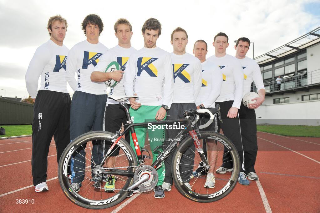 28 October 2009; Kinetica Sports Ltd. today launched a suite of revolutionary new sports nutritional  products aimed at maximising sports performance and physical conditioning of both amateur and professional athletes alike. At the launch are, from left, Ulster rugby star Stephen Ferris, Olympic Rower Cormac Folan, Leinster rugby star Luke Fitzgerald, Irish Triathalon star Bryan Keane, Kerry footballer Darran O'Sullivan, Strength and Conditioning Coach Mike McGurn, Power Lifter Dave Foster, and Cork footballer Graham Canty. Media Launch of Kinetica Sports Nutrition Range, Irishtown Stadium, Dublin. Picture credit: Brian Lawless / SPORTSFILE