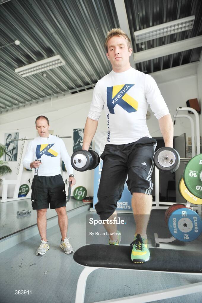 28 October 2009; Kinetica Sports Ltd. today launched a suite of revolutionary new sports nutritional  products aimed at maximising sports performance and physical conditioning of both amateur and professional athletes alike. At the launch is Ireland and Leinster rugby star Luke Fitzgerald with Strength and Conditioning Coach Mike McGurn. Media Launch of Kinetica Sports Nutrition Range, Irishtown Stadium, Dublin. Picture credit: Brian Lawless / SPORTSFILE