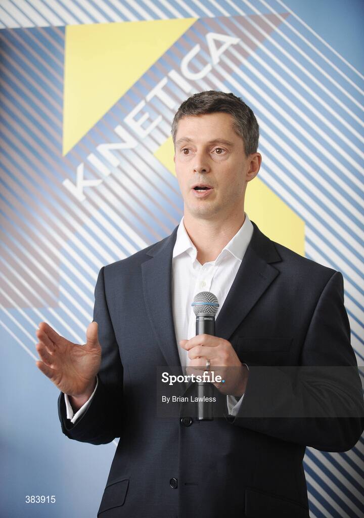 28 October 2009; Kinetica Sports Ltd. today launched a suite of revolutionary new sports nutritional  products aimed at maximising sports performance and physical conditioning of both amateur and professional athletes alike. Speaking at the launch is Sports Nutritionist Matt Lovell. Media Launch of Kinetica Sports Nutrition Range, Irishtown Stadium, Dublin. Picture credit: Brian Lawless / SPORTSFILE