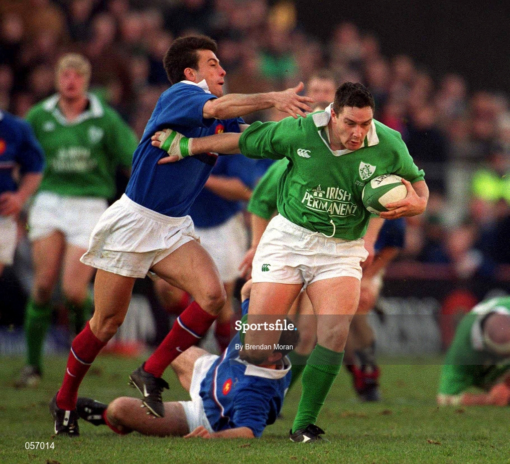 17 February 2001; David Wallace of Ireland is tackled by Xavier Garbajosa of France during the Lloyds TSB Six Nations Rugby Championship match between Ireland and France at Lansdowne Road in Dublin. Photo by Brendan Moran/Sportsfile
