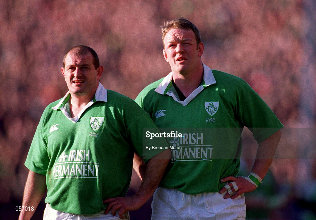 17 February 2001; Mick Galwey, right, and Peter Clohessy of Ireland during the Lloyds TSB Six Nations Rugby Championship match between Ireland and France at Lansdowne Road in Dublin. Photo by Brendan Moran/Sportsfile