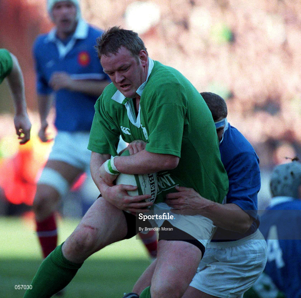 17 February 2001; Ireland's Mick Galwey is tackled by Pieter De Villiers of France during the Lloyds TSB Six Nations Rugby Championship match between Ireland and France at Lansdowne Road in Dublin. Photo by Brendan Moran/Sportsfile