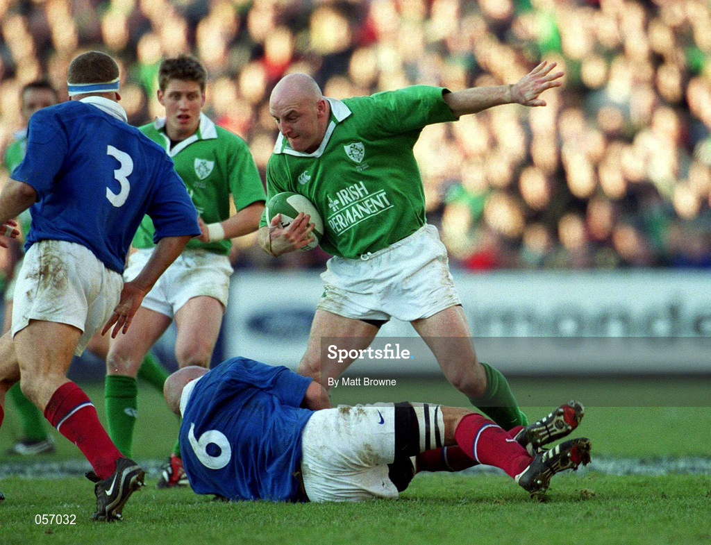 17 February 2001; Ireland's Keith Wood is tackled by Christophe Moni of France during the Lloyds TSB Six Nations Rugby Championship match between Ireland and France at Lansdowne Road in Dublin. Photo by Matt Browne/Sportsfile