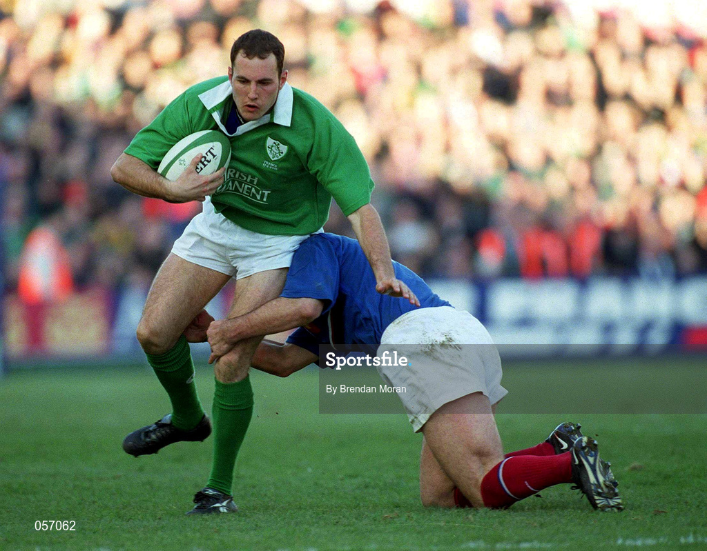 17 February 2001; Ireland's Girvan Dempsey is tackled by Richard Dourthe of France during the Lloyds TSB Six Nations Rugby Championship match between Ireland and France at Lansdowne Road in Dublin. Photo by Brendan Moran/Sportsfile