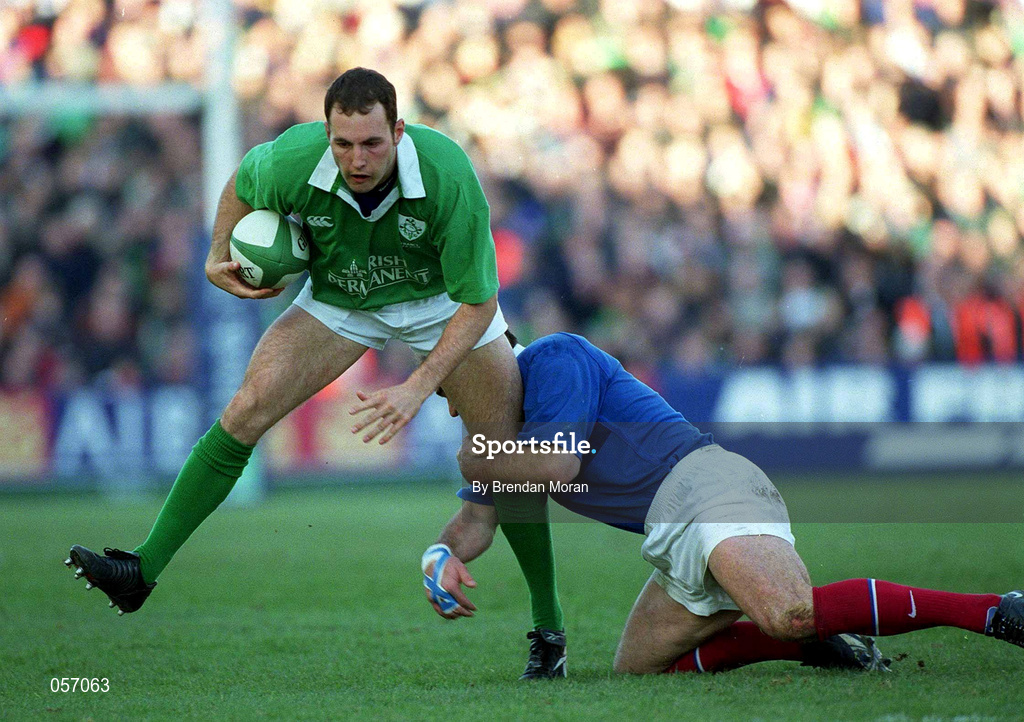 17 February 2001; Ireland's Girvan Dempsey is tackled by Richard Dourthe of France during the Lloyds TSB Six Nations Rugby Championship match between Ireland and France at Lansdowne Road in Dublin. Photo by Brendan Moran/Sportsfile