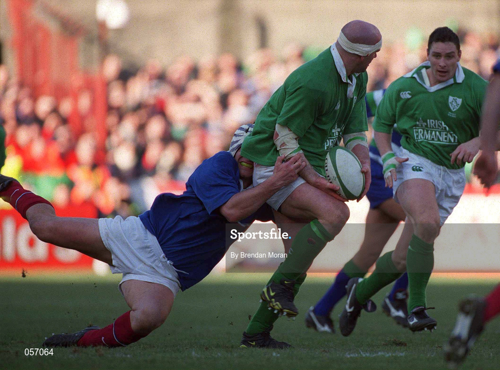 17 February 2001; Ireland's John Hayes in action against Fabien Pelous of France during the Lloyds TSB Six Nations Rugby Championship match between Ireland and France at Lansdowne Road in Dublin. Photo by Brendan Moran/Sportsfile