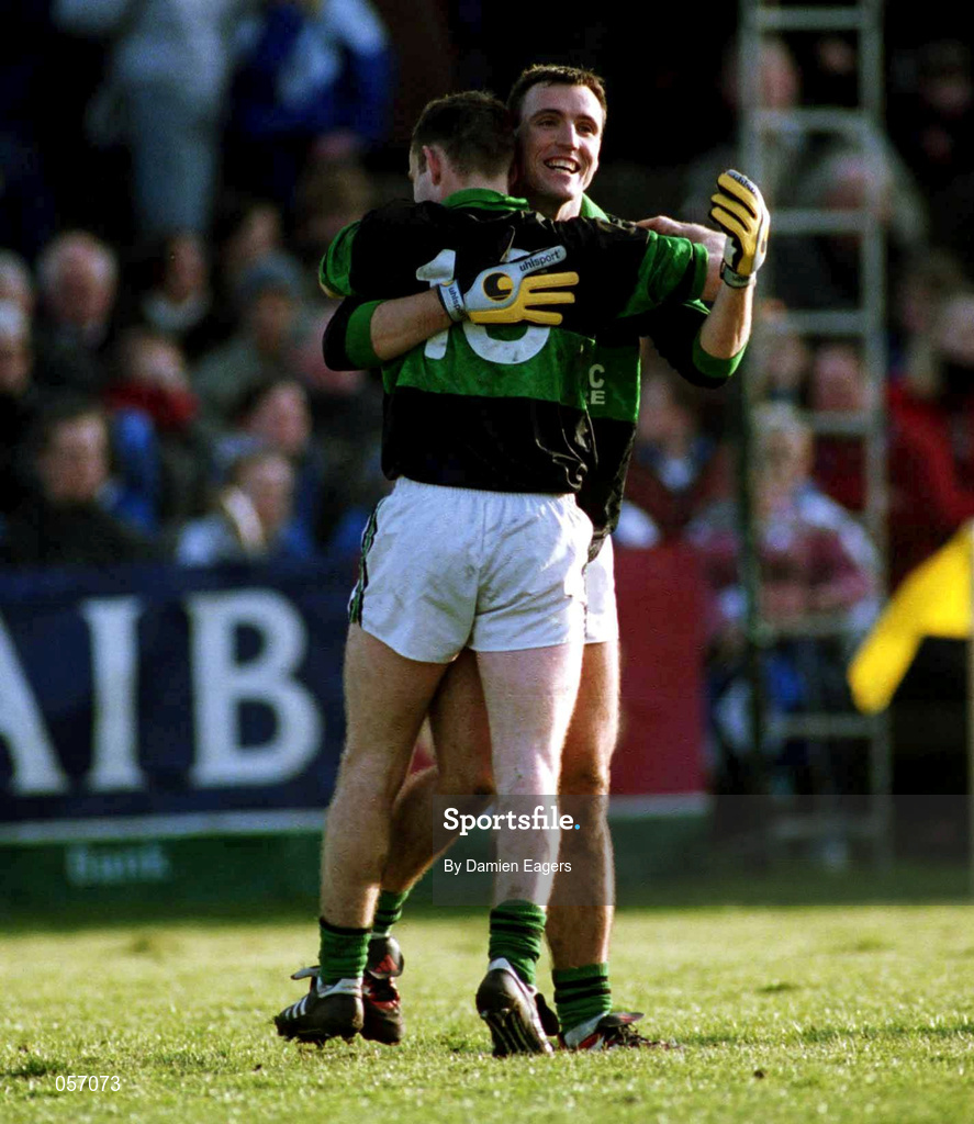 18 February 2001; Ivan Gibbons of Nemo Rangers celebrates his side's victory with team-mate Sean O'Brien, 10, at the final whistle of the AIB All-Ireland Senior Club Football Championship Semi-Final match between Nemo Rangers and O'Hanrahan's at the Clonmel Sportsfield in Clonmel, Tipperayr. Photo by Damien Eagers/Sportsfile