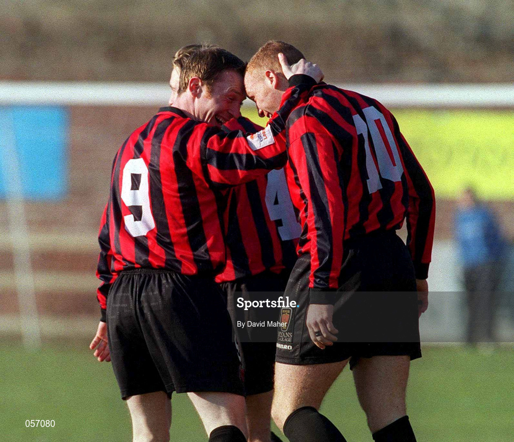 18 February 2001; Trevor Molloy, left, congratulates Glen Crowe on scoring the opening goal during the Eircom League Premier Division match between UCD and Bohemians at Belfield Park in Dublin. Photo by David Maher/Sportsfile