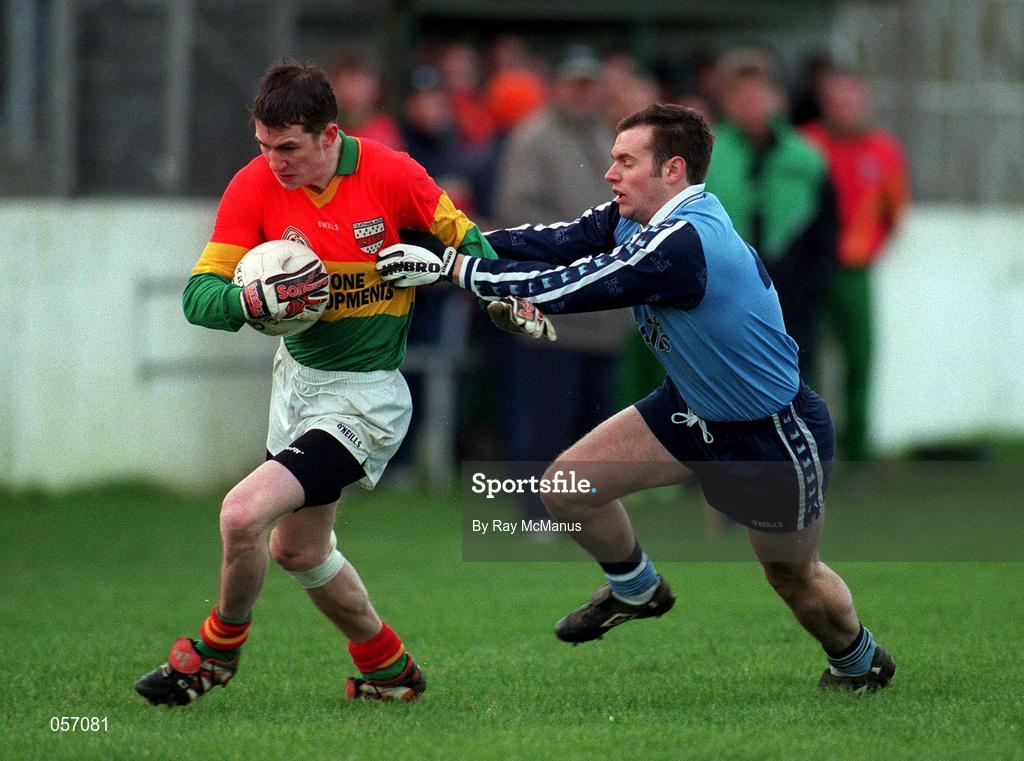 16 January 1999. Mark Carpenter of Carlow in action against Tom Lynch of Dublin during the O'Byrne Cup Quarter-Final match between Carlow and Dublin at Dr Cullen Park in Carlow. Photo by Ray McManus/Sportsfile