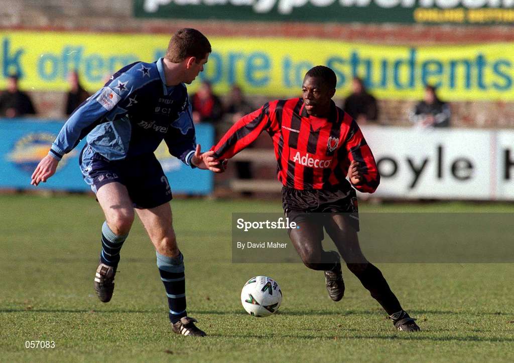 18 February 2001; Mark Rutherford of Bohemians in action against Eamon McLaughlin of UCD during the Eircom League Premier Division match between UCD and Bohemians at Belfield Park in Dublin. Photo by David Maher/Sportsfile