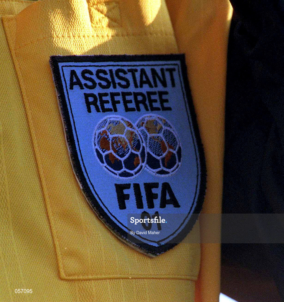 18 February 2001; A detailed view of a FIFA assistant referee's crest during the Eircom League Premier Division match between UCD and Bohemians at Belfield Park in Dublin. Photo by David Maher/Sportsfile