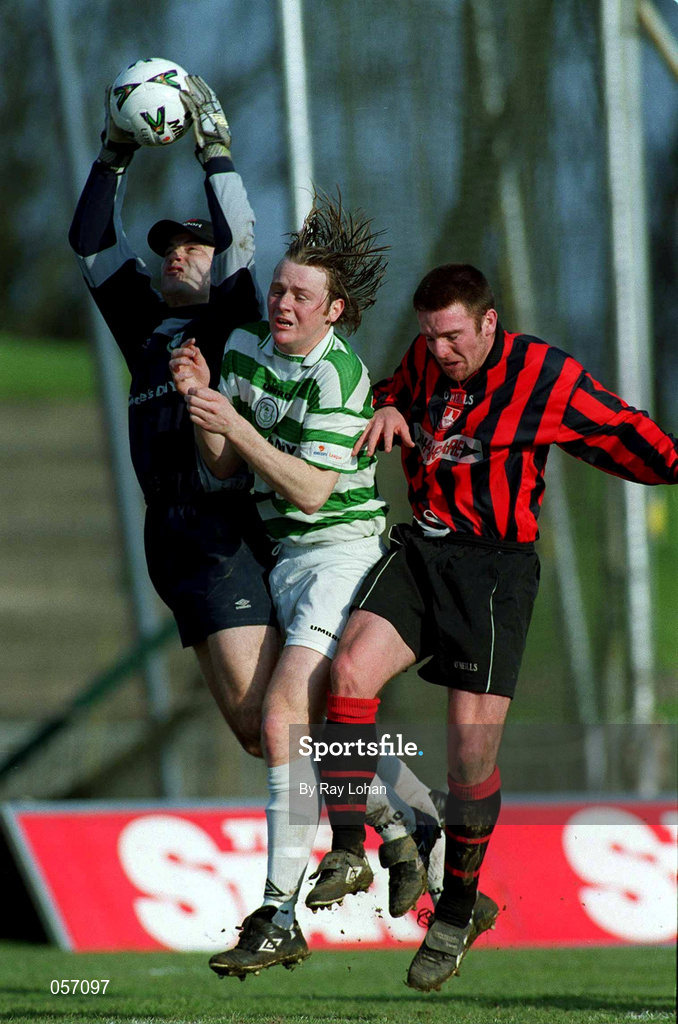 18 February 2001; Shamrock Rovers goalkeeper Robbie Horgan and team-mate Pat Deanes in action against Stuart Byrne of Longford Town during the Eircom League Premier Division match between Shamrock Rovers and Longford Town at Morton Stadium in Santry, Dublin. Photo by Ray Lohan/Sportsfile