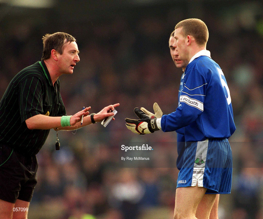 18 February 2001; Referee Aidan Mangan gestures to Kevin Doherty of Bellaghy during the AIB All-Ireland Senior Club Football Championship Semi-Final match between Crossmolina Deel Rovers and Bellaghy Wolfe Tones at Brewster Park in Enniskillen, Fermanagh. Photo by Ray McManus/Sportsfile