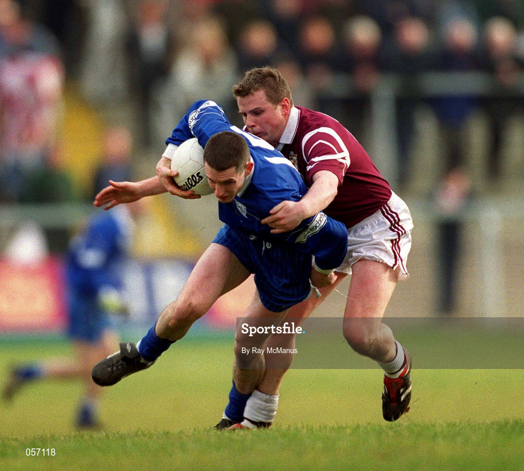 18 February 2001; Francis Glackin of Bellaghy is tackled by Stephen Rochford of Crossmolina during the AIB All-Ireland Senior Club Football Championship Semi-Final match between Crossmolina Deel Rovers and Bellaghy Wolfe Tones at Brewster Park in Enniskillen, Fermanagh. Photo by Ray McManus/Sportsfile