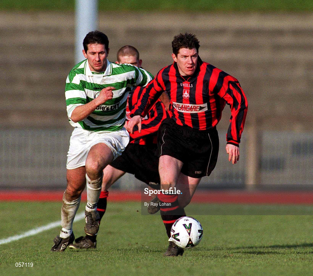 18 February 2001; Alan Murphy of Longford Town in action against Brian Byrne of Shamrock Rovers during the Eircom League Premier Division match between Shamrock Rovers and Longford Town at Morton Stadium in Santry, Dublin. Photo by Ray Lohan/Sportsfile