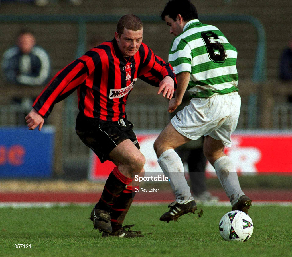 18 February 2001; Vinny Perth of Longford Town in action against Jason Colwell of Shamrock Rovers during the Eircom League Premier Division match between Shamrock Rovers and Longford Town at Morton Stadium in Santry, Dublin. Photo by Ray Lohan/Sportsfile