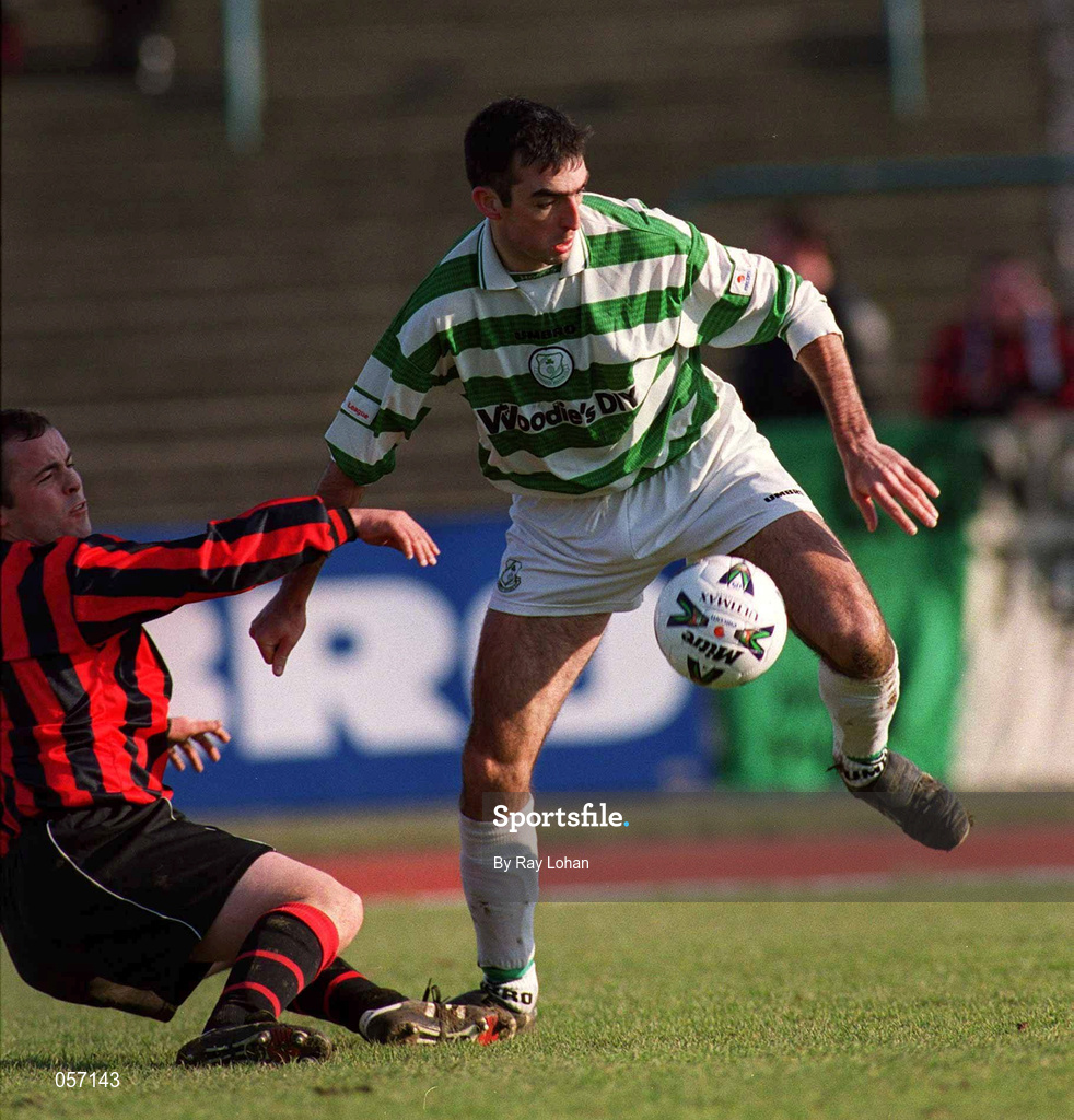 18 February 2001; Terry Palmer of Shamrock Rovers in action against Niall Byrne of Longford Town during the Eircom League Premier Division match between Shamrock Rovers and Longford Town at Morton Stadium in Santry, Dublin. Photo by Ray Lohan/Sportsfile