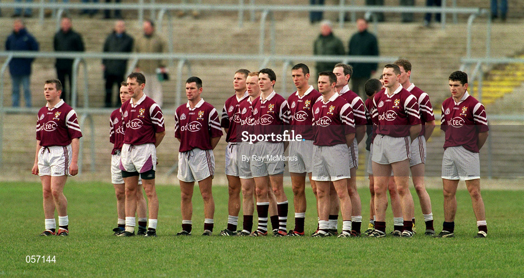 18 February 2001; Crossmolina players stand for the National Anthem, Amhrán na bhFiann, prior prior to the AIB All-Ireland Senior Club Football Championship Semi-Final match between Crossmolina Deel Rovers and Bellaghy Wolfe Tones at Brewster Park in Enniskillen, Fermanagh. Photo by Ray McManus/Sportsfile