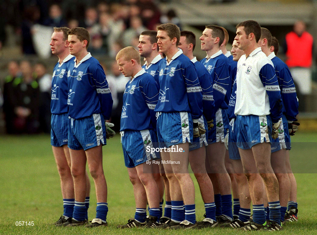 18 February 2001; Bellaghy players stand for the National Anthem, Amhrán na bhFiann, prior to the AIB All-Ireland Senior Club Football Championship Semi-Final match between Crossmolina Deel Rovers and Bellaghy Wolfe Tones at Brewster Park in Enniskillen, Fermanagh. Photo by Ray McManus/Sportsfile
