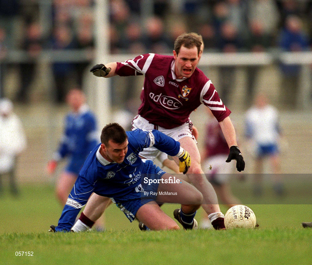 18 February 2001; Cathal Scullion of Bellaghy is tackled by Tom Nallen of Crossmolina during the AIB All-Ireland Senior Club Football Championship Semi-Final match between Crossmolina Deel Rovers and Bellaghy Wolfe Tones at Brewster Park in Enniskillen, Fermanagh. Photo by Ray McManus/Sportsfile