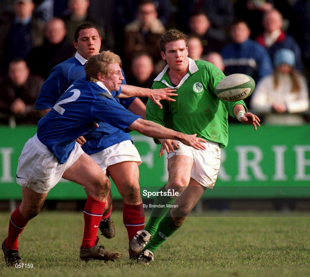 16 February 2001; Ireland's Gordon D'Arcy in action against Cedric Savignat of France during the U21 Rugby International match between Ireland and France at Templeville Road in Dublin. Photo by Brendan Moran/Sportsfile