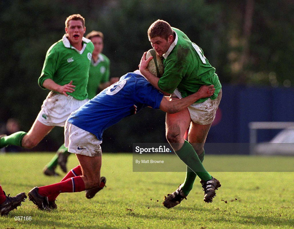 16 February 2001; Ireland's Matthew McCullough in action against Julien Peyrolongue of France during the U21 Rugby International match between Ireland and France at Templeville Road in Dublin. Photo by Matt Browne/Sportsfile