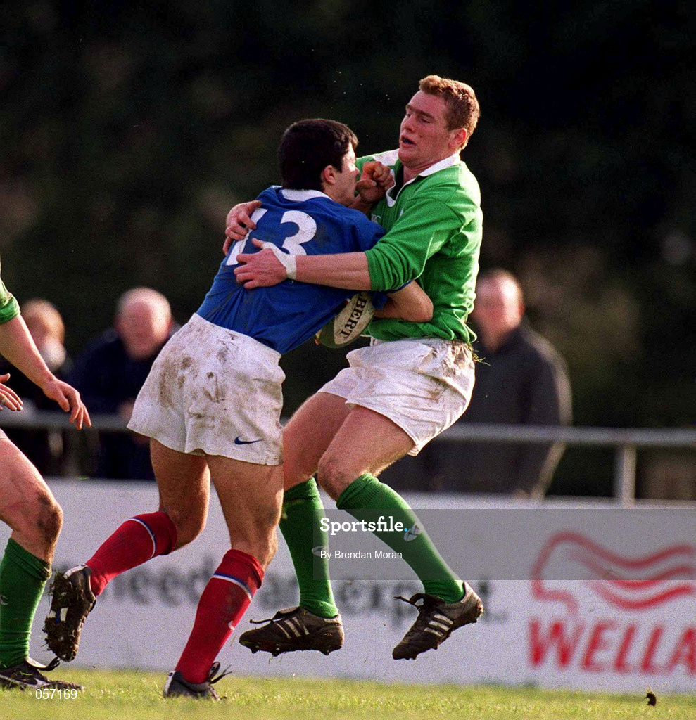 16 February 2001; France's Guillaume Bousses in action against Gavin Duffy of Ireland during the U21 Rugby International match between Ireland and France at Templeville Road in Dublin. Photo by Brendan Moran/Sportsfile