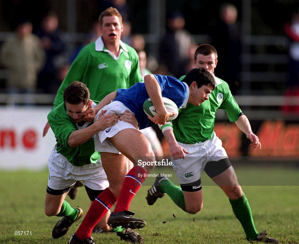 16 February 2001; Guillaume Bousses of France in action against Kieran Lewis of Ireland during the U21 Rugby International match between Ireland and France at Templeville Road in Dublin. Photo by Brendan Moran/Sportsfile