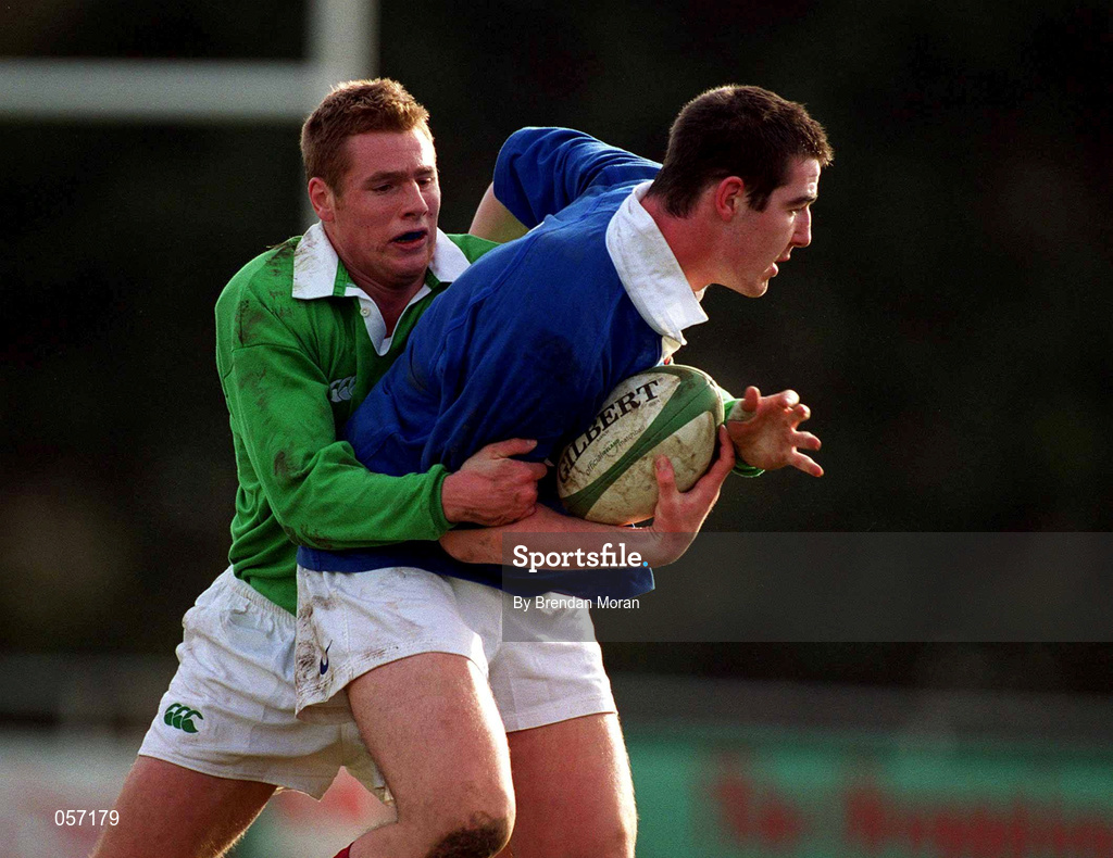 16 February 2001; Sebastien Pettigiani of France in action against Gavin Duffy of Ireland during the U21 Rugby International match between Ireland and France at Templeville Road in Dublin. Photo by Brendan Moran/Sportsfile
