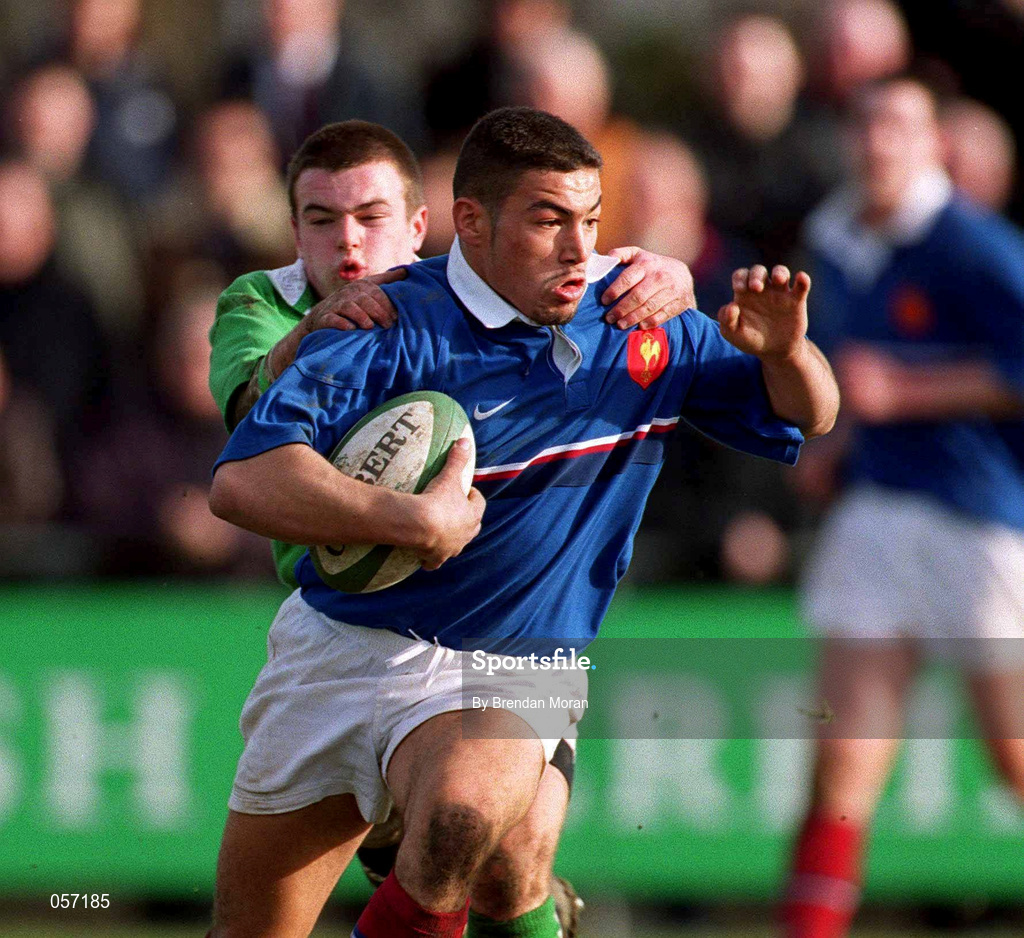 16 February 2001; Rida Jaouher of France in action against Maurice Lawlor of Ireland during the U21 Rugby International match between Ireland and France at Templeville Road in Dublin. Photo by Brendan Moran/Sportsfile