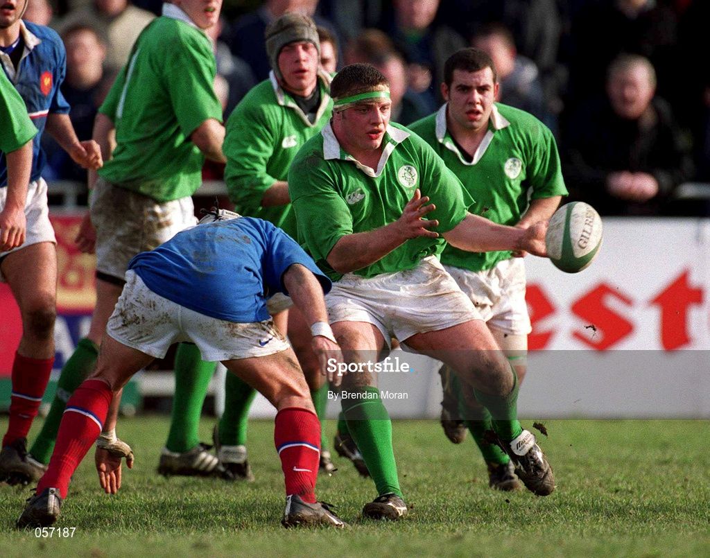 16 February 2001; Niall Treston of Ireland in action against Christophe Tournier of France during the U21 Rugby International match between Ireland and France at Templeville Road in Dublin. Photo by Brendan Moran/Sportsfile