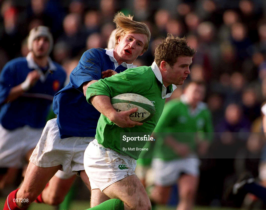 16 February 2001; Gordon D'Arcy of Ireland is tackled by Cedric Savignat of France during the U21 Rugby International match between Ireland and France at Templeville Road in Dublin. Photo by Matt Browne/Sportsfile
