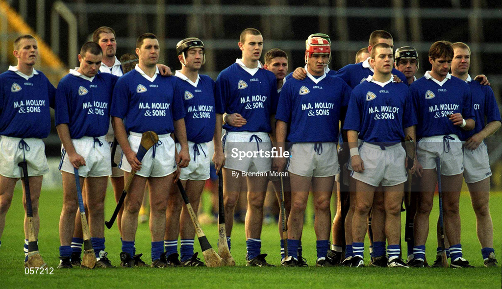 26 November 2000; Mount Sion players stand for the National Anthem, Amhrán na bhFiann, prior to the AIB Munster Club Hurling Championship Final match between Sixmilebridge and Mount Sion at Semple Stadium in Thurles, Tipperary. Photo by Brendan Moran/Sportsfile