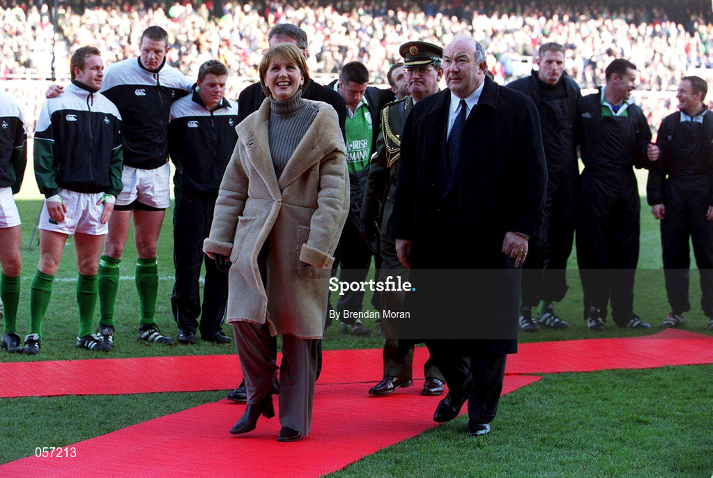 17 February 2001; President Mary McAleese in the company of IRFU President Eddie Coleman after meeting the players and officials ahead of the Lloyds TSB Six Nations Rugby Championship match between Ireland and France at Lansdowne Road in Dublin. Photo by Brendan Moran/Sportsfile