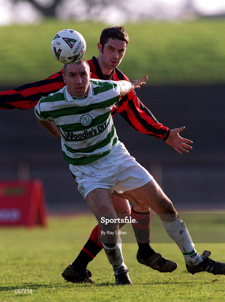 18 February 2001; Tony Grant of Shamrock Rovers in action against Paul McNally of Longford Town during the Eircom League Premier Division match between Shamrock Rovers and Longford Town at Morton Stadium in Santry, Dublin. Photo by Ray Lohan/Sportsfile