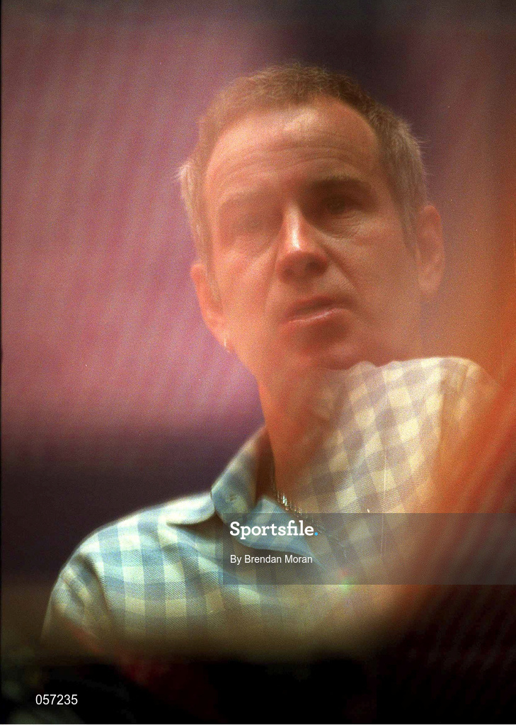 21 February 2001; John McEnroe is reflected on the base of the trophy during a press conference ahead of the KPMG Tennis Challenge / ATP Tour of Champions event to be held at The Point Depot in Dublin. Photo by Brendan Moran/Sportsfile