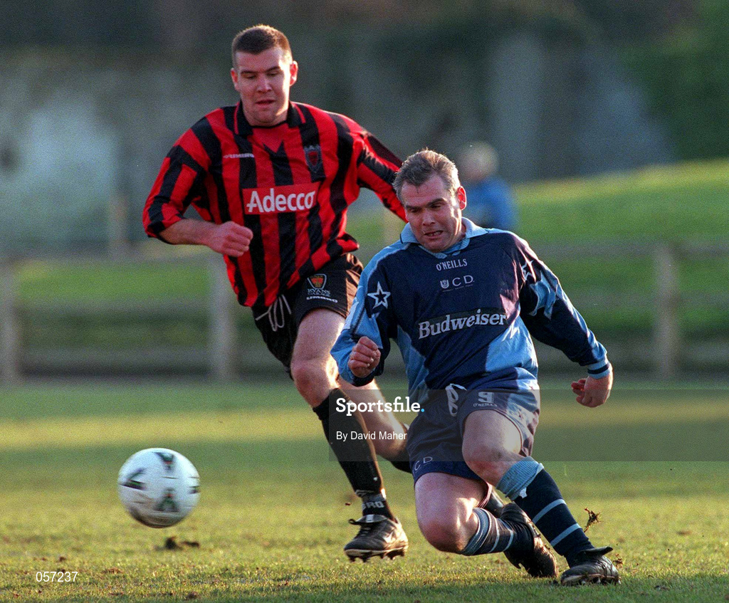 18 February 2001; Derek Swan of UCD in action against Stephen Caffrey of Bohemians during the Eircom League Premier Division match between UCD and Bohemians at Belfield Park in Dublin. Photo by David Maher/Sportsfile