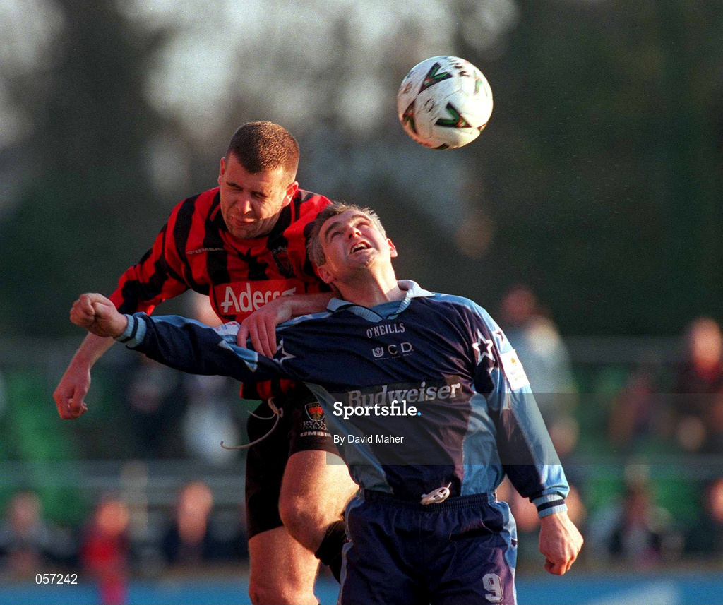 18 February 2001; Derek Swan of UCD in action against Stephen Caffrey of Bohemians during the Eircom League Premier Division match between UCD and Bohemians at Belfield Park in Dublin. Photo by David Maher/Sportsfile