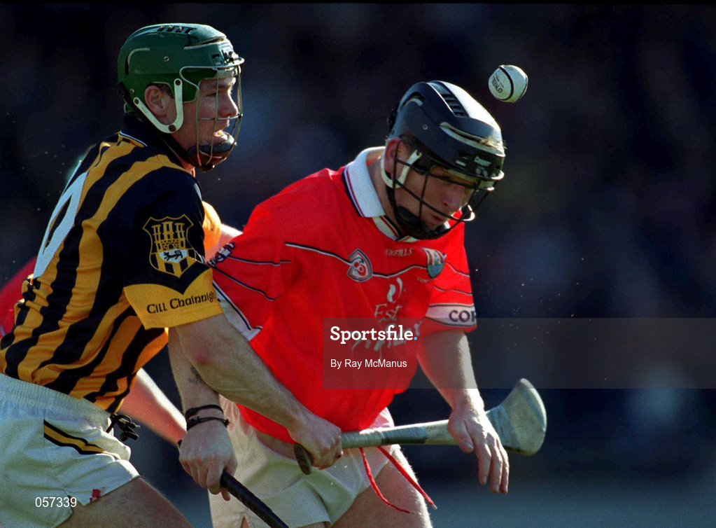 24 February 2001; Wayne Sherlock of Cork under pressure from Kilkenny's Jimmy Coogan during the Allianz National Hurling League Division 1B match between Cork and Kilkenny at Páirc Uí Chaoimh in Cork. Photo by Ray McManus/Sportsfile